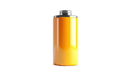 A cylindrical battery with yellow charge gauge against a stark black background