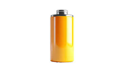 A cylindrical battery with yellow charge gauge against a stark black background