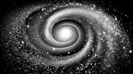 A monochrome image of a swirling galaxy with a bright, luminous center and scattered stars against a dark background.