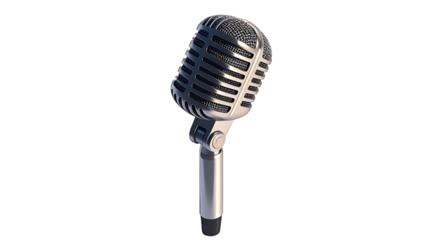 Silver vintage microphone against a black background, isolated and detailed