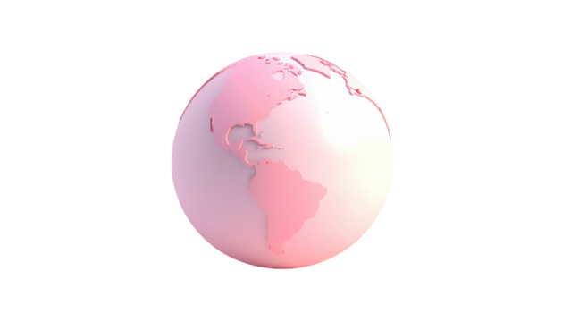 A stylized, pink rendering of planet Earth on a stark black background