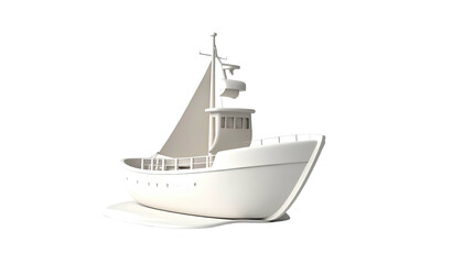 3D render of a white cartoon-like boat with a mast, sail, and cabin