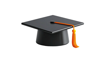 A black graduation cap with orange tassel sits against a stark black backdrop