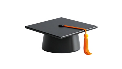 A black graduation cap with orange tassel sits against a stark black backdrop