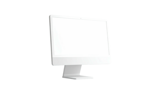 A sleek, white computer monitor, angled and isolated on a stark black background - Powered by Adobe