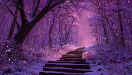 a path of wooden stairs winds through a magical forest, surrounded by a blanket of purple snow. the trees are illuminated by a soft, pink light, creating a serene and enchanting atmosphere.