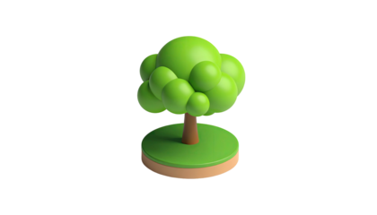 3D rendered cartoon tree with round green leaves, on a patch of grass