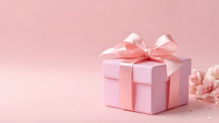 Fototapeta premium Delicate pink present tied with a satin bow rests near soft blooms against a pastel background