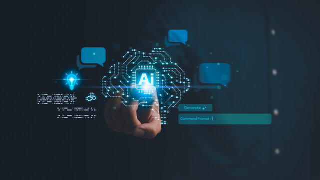 A futuristic interface showing a hand activating an AI chip with glowing circuit patterns and chat icons, symbolizing innovation, machine learning, automation, and intelligent digital transformation. - Powered by Adobe