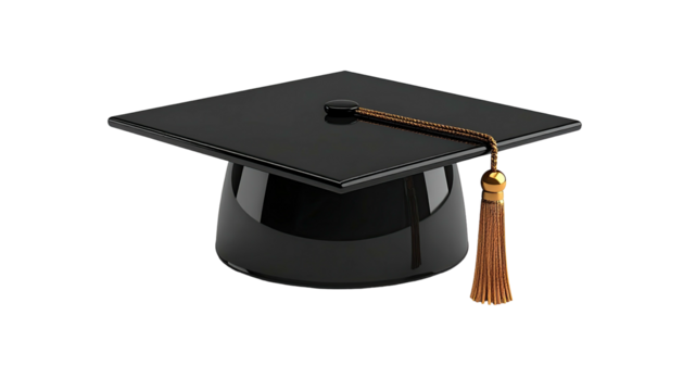 Glossy black graduation cap with gold tassel set against a stark black background