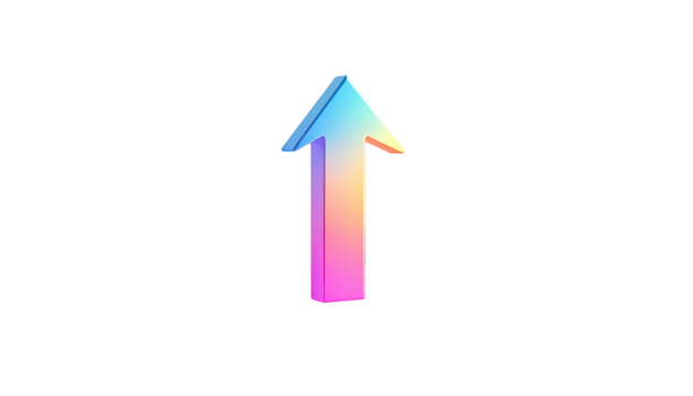 A vibrant, gradient-colored arrow pointing upwards against a stark black background