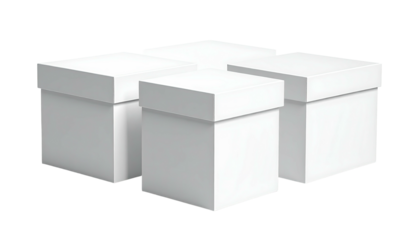 Four white square boxes, lids on, slightly offset against a black background
