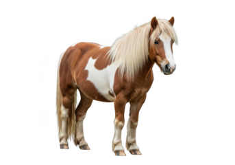 Beautiful chestnut and white pinto horse standing proudly with blonde mane and tail animal stock photo image isolated on transparent background
