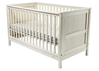 Neutral toned wooden baby crib with mattress, perfect for nursery decor and infant furniture themes.