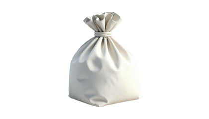A neutral-toned, drawstring bag. Shadowed edges on an isolated black background