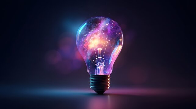 Illumination concept represented by a glowing glass bulb filled with cosmic nebula imagery