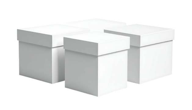 Four white square boxes, lids on, slightly offset against a black background