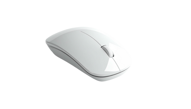 A white, wireless computer mouse, viewed from an elevated angle against a black backdrop