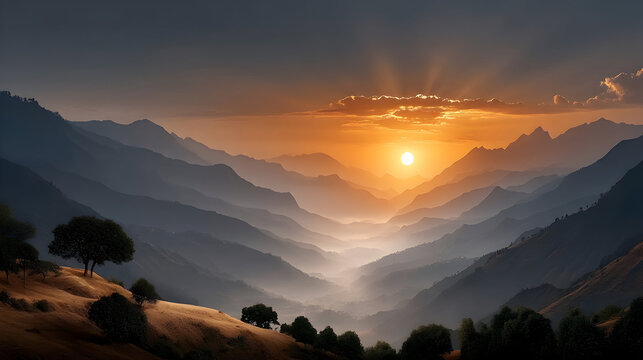 Stunning sunset over misty mountain range creates a peaceful, inspiring vista for travel, adventure, or mindful reflection projects now