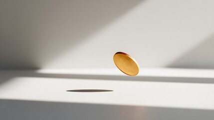 Golden circular object suspended in midair against a bright white background with harsh shadows