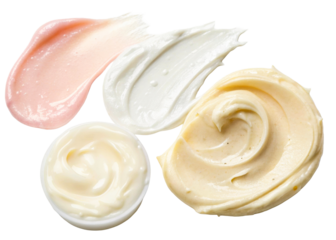 Cosmetic swatches and textures displayed to showcase different skincare products and their formulations, ideal for beauty marketing and product reviews.