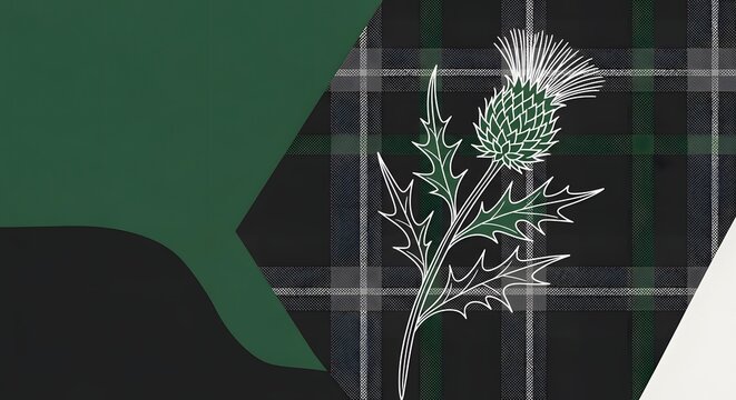 Scottish thistle emblem on a modern tartan pattern background