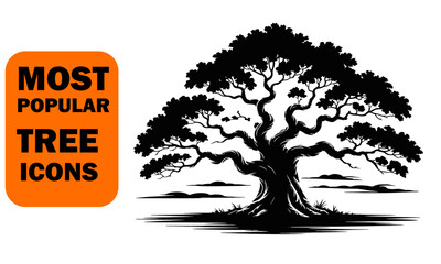 Ancient oak tree silhouette illustration with twisted branches and roots isolated on gradient background for graphic design.jpg