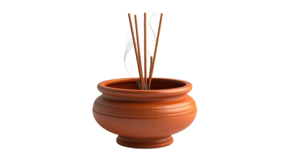 A terracotta pot with burning incense sticks and wisps of smoke against black