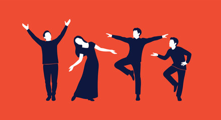 Fototapeta premium Four stylized figures in silhouette dancing and posing against a vibrant orange background