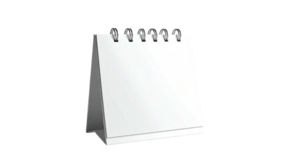 Realistic desktop calendar in white, viewed from a slightly high angle on black