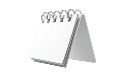 An open, stand-up calendar with clean white pages and silver metal rings