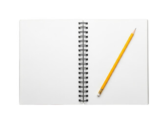 Open spiral notebook with blank white pages and yellow pencil mockup for writing or sketching, stationary isolated on transparent background