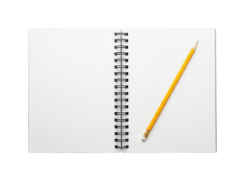 Open spiral notebook with blank white pages and yellow pencil mockup for writing or sketching, stationary isolated on transparent background