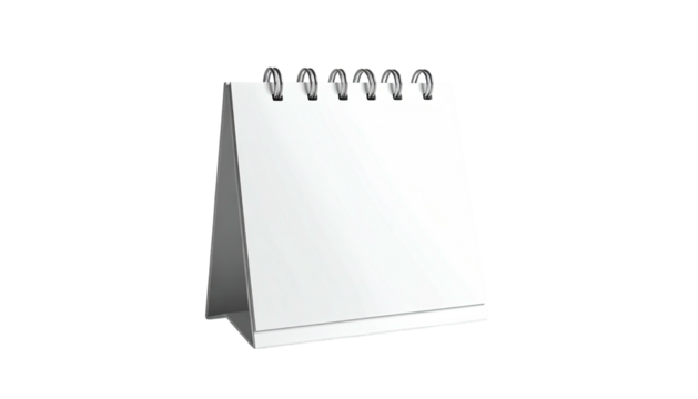 Realistic desktop calendar in white, viewed from a slightly high angle on black