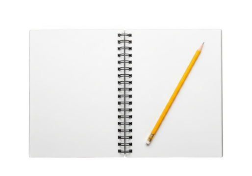 Open spiral notebook with blank white pages and yellow pencil mockup for writing or sketching, stationary isolated on transparent background