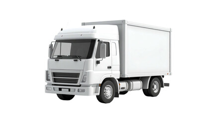 A clean, white delivery truck with a boxy cargo area is shown at an angle