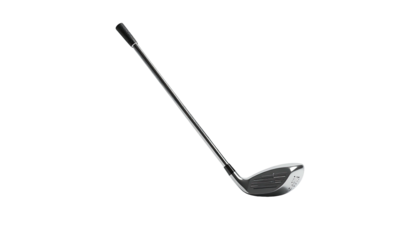 Single golf club on black, shaft angled, head at bottom, shadow