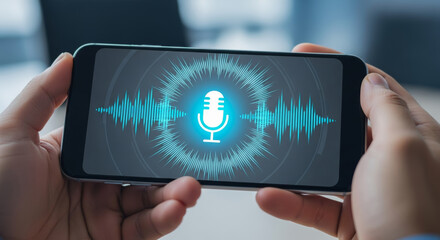 Person using voice activated ai search technology on modern smartphone with glowing microphone for digital assistant