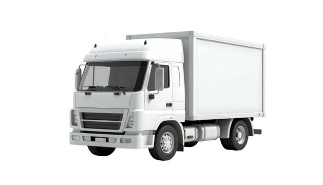 A clean, white delivery truck with a boxy cargo area is shown at an angle
