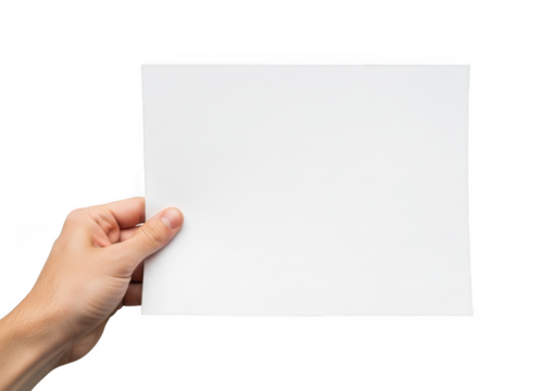 Hand holding blank white paper sheet mockup template presentation design element graphic resource isolated on transparent background