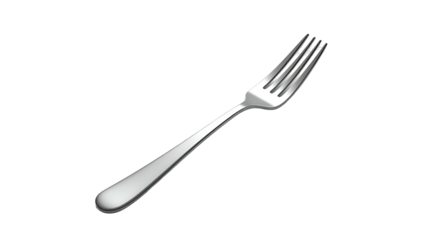 Shiny, silver fork isolated on a black background, angled slightly