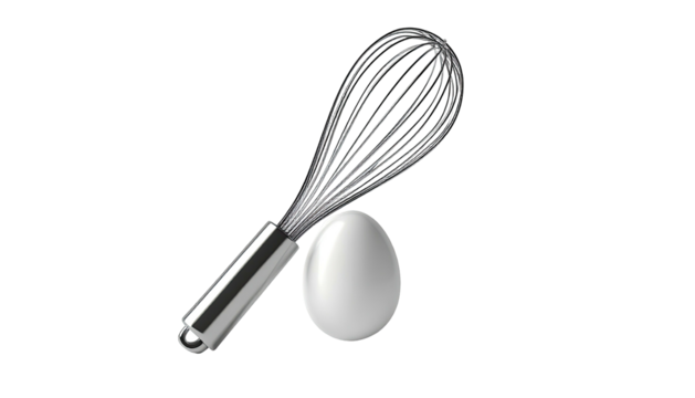 A stainless steel whisk beside a white egg, against a stark black background