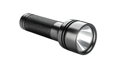 Sleek black flashlight with a textured handle, emitting bright white light