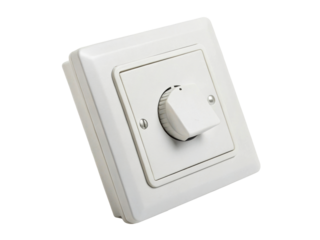 White rotary dimmer switch with knob for controlling light brightness in a modern home or office environment used for interior automation and electrical systems.