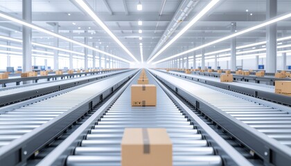 Fototapeta premium Boxes moving along conveyor belts in a vast, brightly lit warehouse facility.
