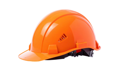 Bright orange protective headgear, isolated on black, angled view