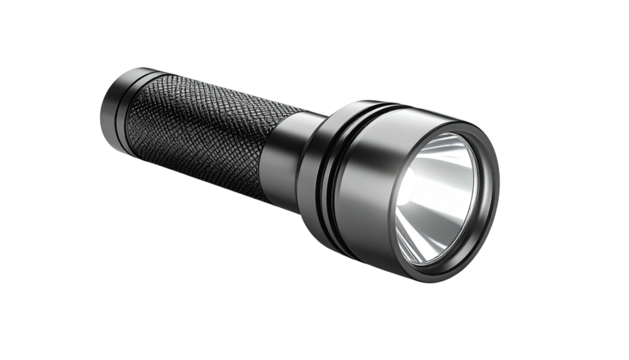 Sleek black flashlight with a textured handle, emitting bright white light