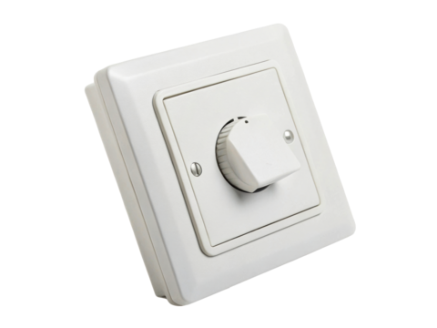 White rotary dimmer switch with knob for controlling light brightness in a modern home or office environment used for interior automation and electrical systems.