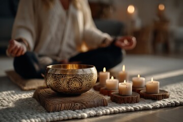 Woman meditating in a tranquil space with a decorative singing bowl and candles