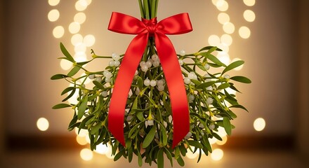 Traditional christmas mistletoe bunch tied with a vibrant red ribbon against a bokeh background